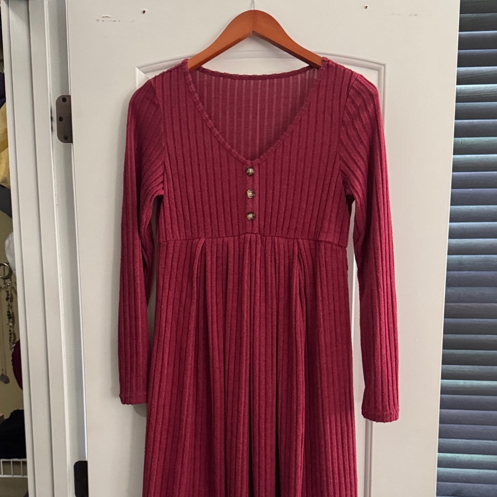 Maternity Ribbed V-Neck Long Sleeve Sweater Dress in Red